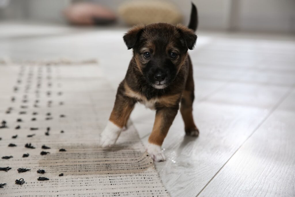 a brown puppy walking inside a home, the puppy is in focus